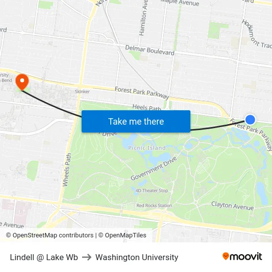 Lindell @ Lake Wb to Washington University map