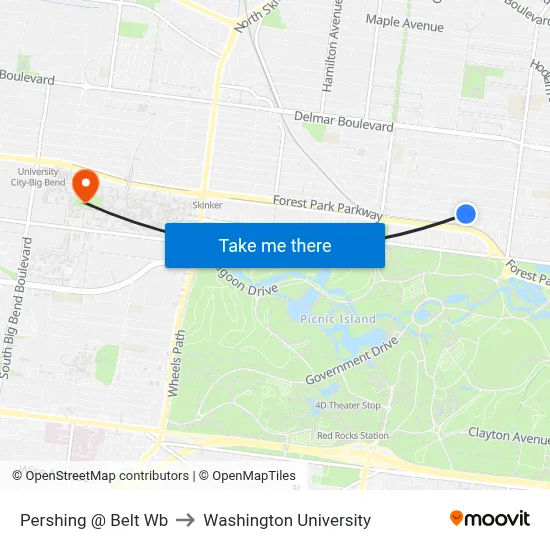 Pershing @ Belt Wb to Washington University map