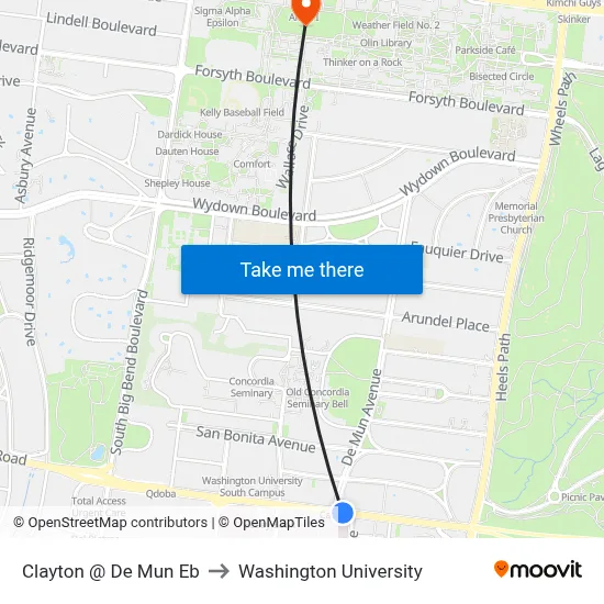 Clayton @ De Mun Eb to Washington University map