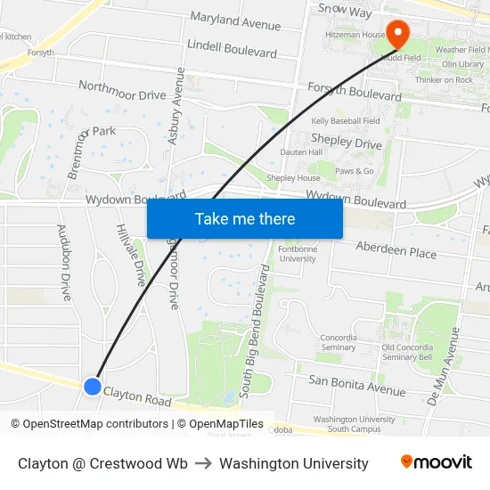 Clayton @ Crestwood Wb to Washington University map