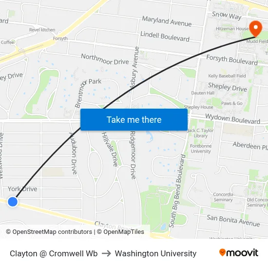 Clayton @ Cromwell Wb to Washington University map