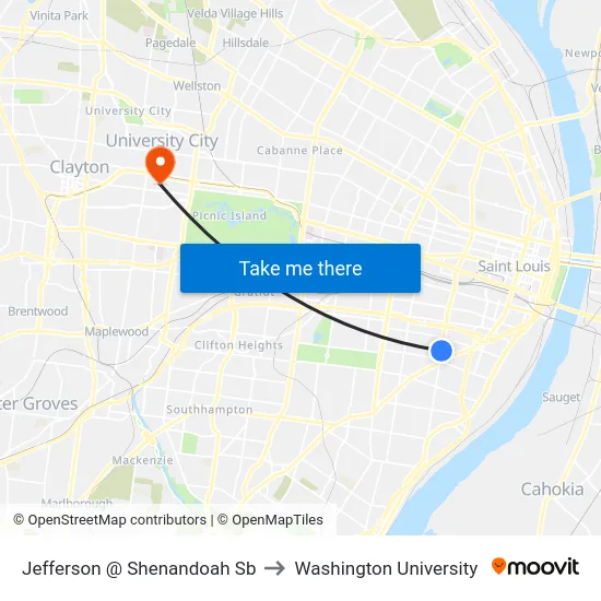 Jefferson @ Shenandoah Sb to Washington University map
