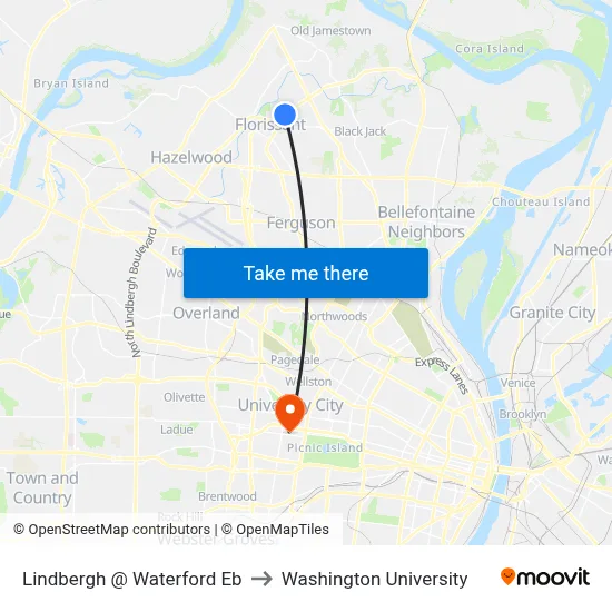 Lindbergh @ Waterford Eb to Washington University map