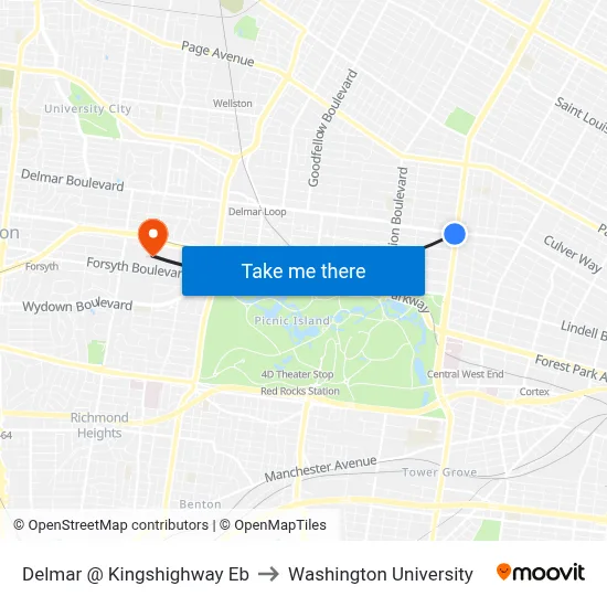 Delmar @ Kingshighway Eb to Washington University map