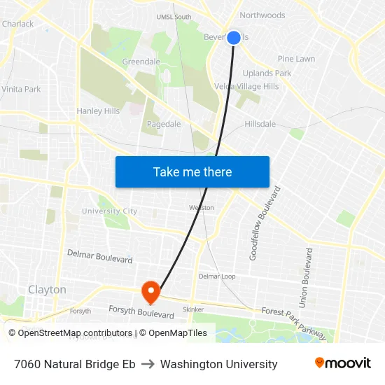 7060 Natural Bridge Eb to Washington University map