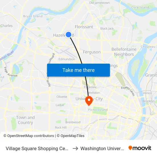 Village Square Shopping Center to Washington University map