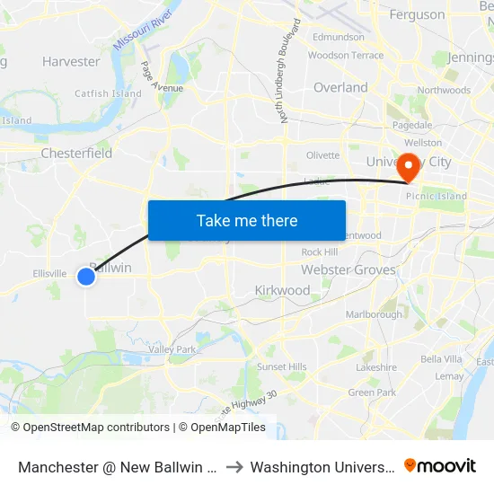Manchester @ New Ballwin Eb to Washington University map