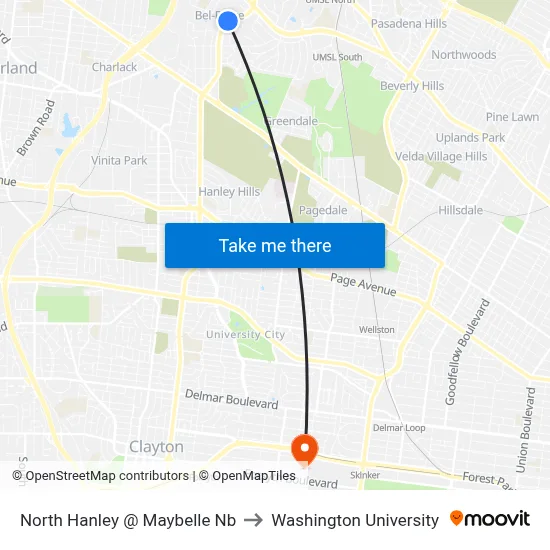 North Hanley @ Maybelle Nb to Washington University map