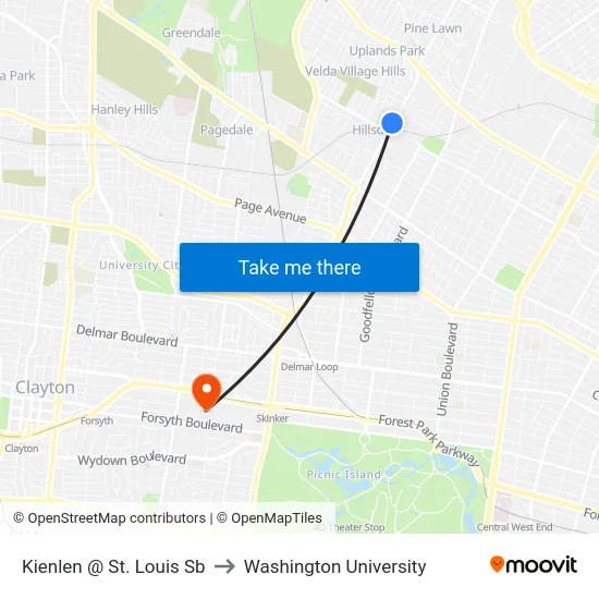 Kienlen @ St. Louis Sb to Washington University map