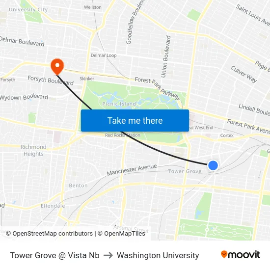 Tower Grove @ Vista Nb to Washington University map