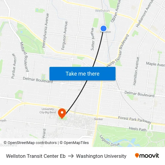 Wellston Transit Center Eb to Washington University map