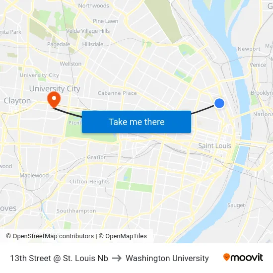 13th Street @ St. Louis Nb to Washington University map