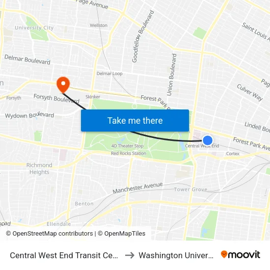 Central West End Transit Center to Washington University map