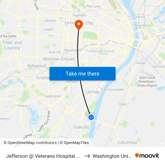 Jefferson @ Veterans Hospital Building 51 to Washington University map