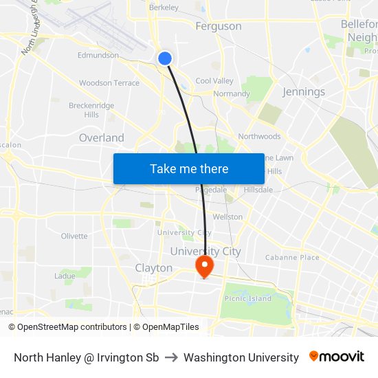 North Hanley @ Irvington Sb to Washington University map