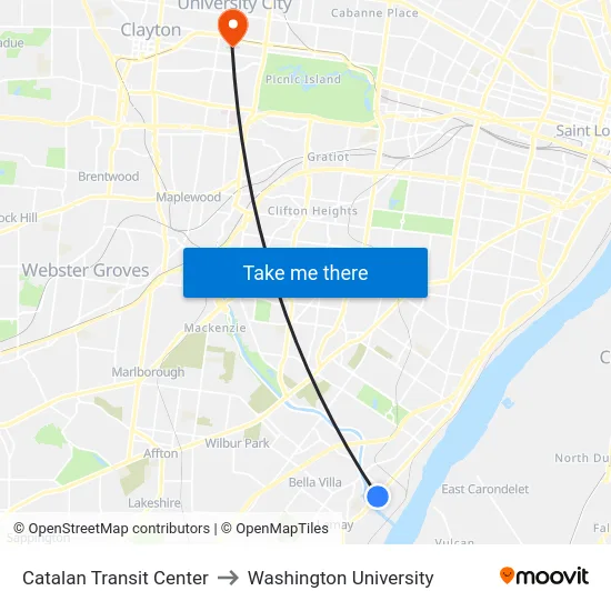 Catalan Transit Center to Washington University map