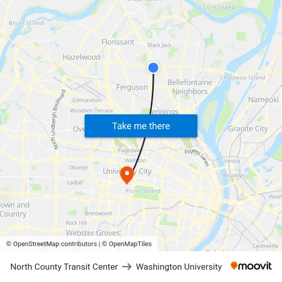 North County Transit Center to Washington University map
