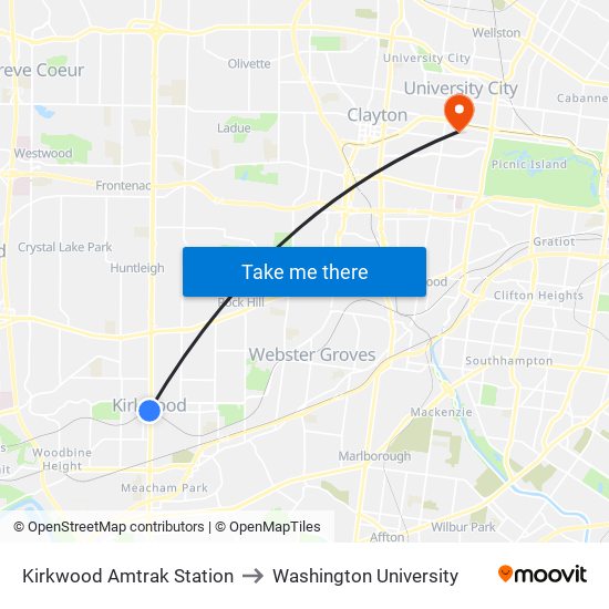 Kirkwood Amtrak Station to Washington University map