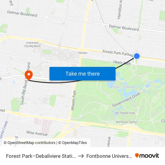 Forest Park–Debaliviere Station to Fontbonne University map