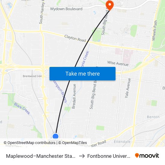 Maplewood–Manchester Station to Fontbonne University map