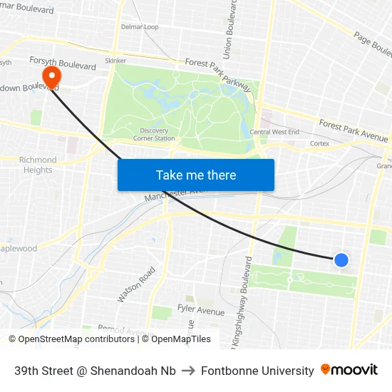 39th Street @ Shenandoah Nb to Fontbonne University map