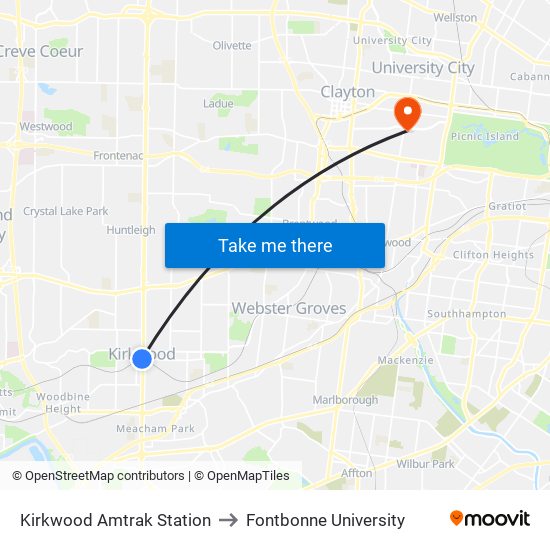 Kirkwood Amtrak Station to Fontbonne University map