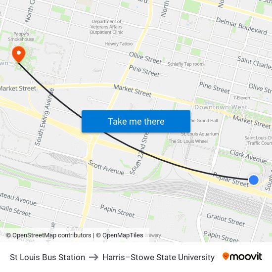 St Louis Bus Station to Harris–Stowe State University map