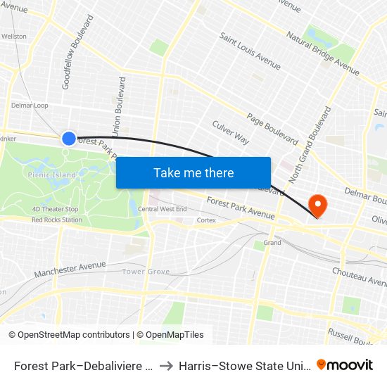 Forest Park–Debaliviere Station to Harris–Stowe State University map