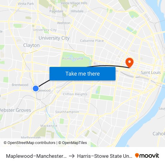 Maplewood–Manchester Station to Harris–Stowe State University map