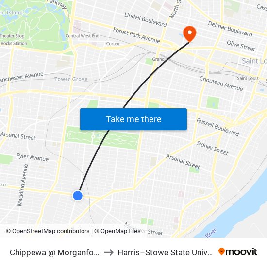 Chippewa @ Morganford Eb to Harris–Stowe State University map