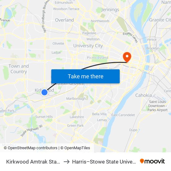 Kirkwood Amtrak Station to Harris–Stowe State University map