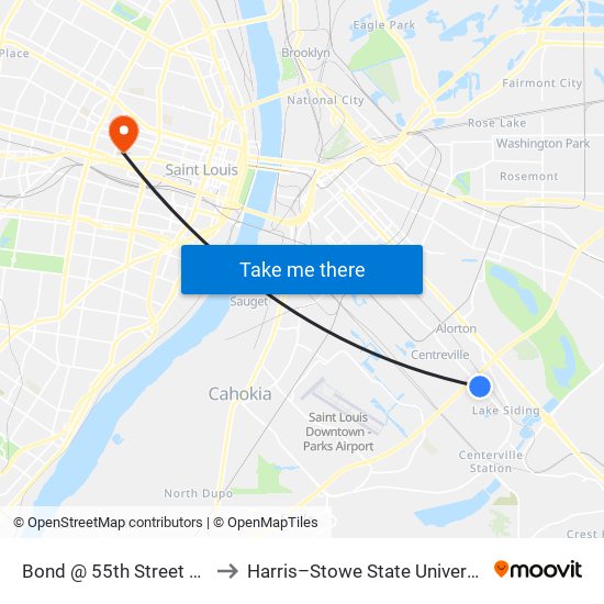 Bond @ 55th Street Wb to Harris–Stowe State University map