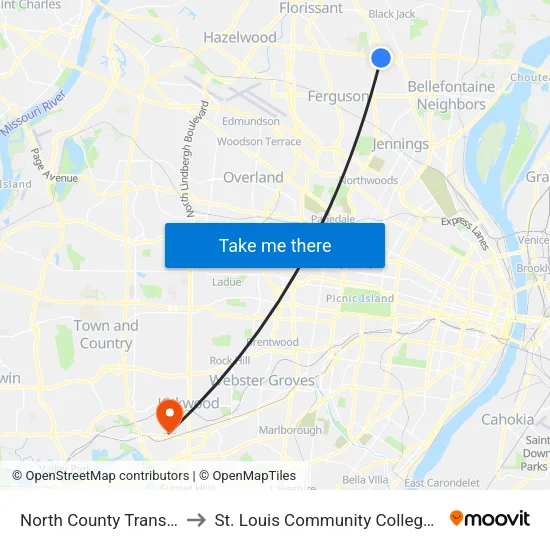 North County Transit Center to St. Louis Community College–Meramec map