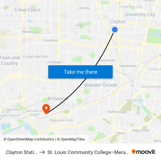 Clayton Station to St. Louis Community College–Meramec map