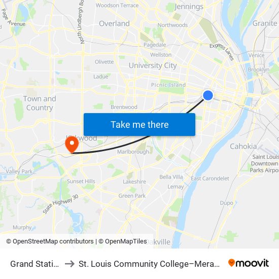 Grand Station to St. Louis Community College–Meramec map