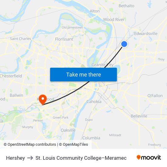 Hershey to St. Louis Community College–Meramec map
