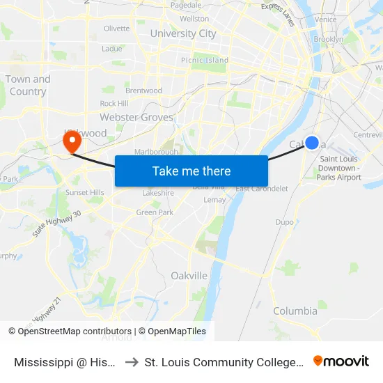 Mississippi @ Hissrich Sb to St. Louis Community College–Meramec map