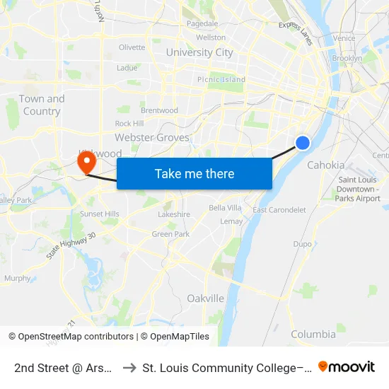2nd Street @ Arsenal Sb to St. Louis Community College–Meramec map