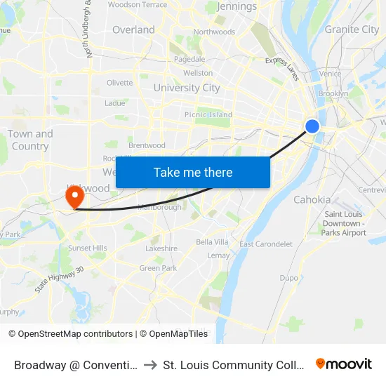 Broadway @ Convention Plaza Sb to St. Louis Community College–Meramec map