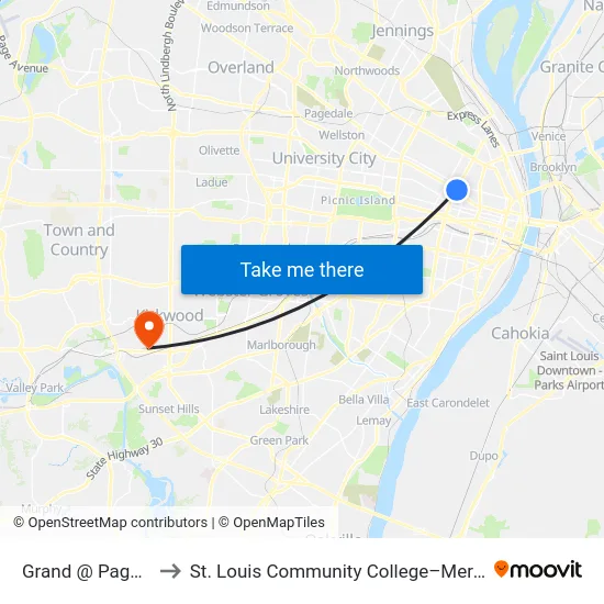 Grand @ Page Sb to St. Louis Community College–Meramec map