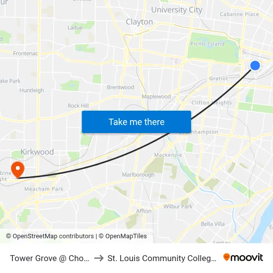Tower Grove @ Chouteau Sb to St. Louis Community College–Meramec map