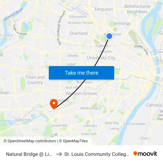 Natural Bridge @ Lincoln Wb to St. Louis Community College–Meramec map