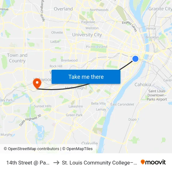 14th Street @ Papin Nb to St. Louis Community College–Meramec map