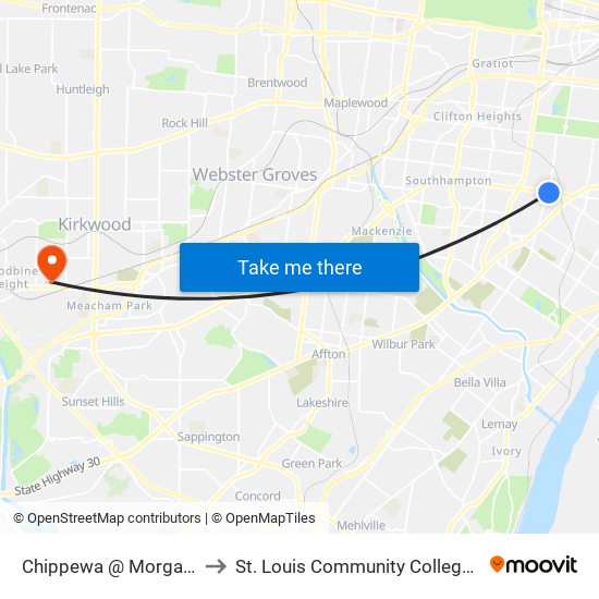 Chippewa @ Morganford Eb to St. Louis Community College–Meramec map