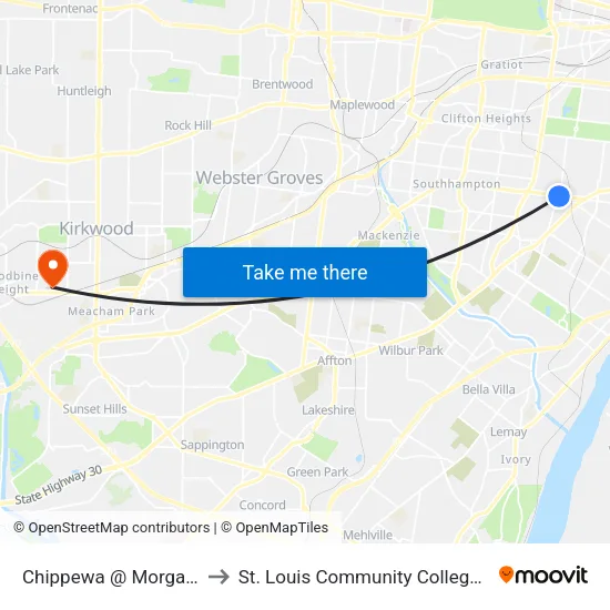 Chippewa @ Morganford Eb to St. Louis Community College–Meramec map