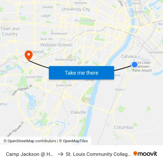 Camp Jackson @ Hawkins Nb to St. Louis Community College–Meramec map