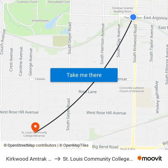 Kirkwood Amtrak Station to St. Louis Community College–Meramec map