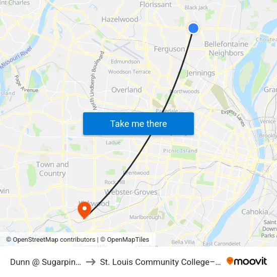 Dunn @ Sugarpines Wb to St. Louis Community College–Meramec map