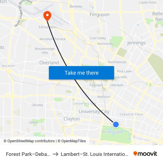 Forest Park–Debaliviere Station to Lambert–St. Louis International Airport Terminal 1 map