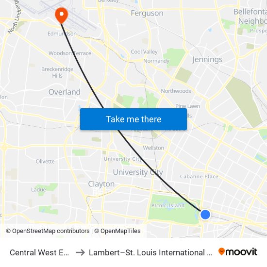 Central West End Station to Lambert–St. Louis International Airport Terminal 1 map